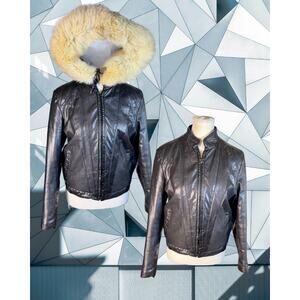 Vintage 80s Wilsons Suede and Leather 100% Black Leather Hooded Moto Jacket 8